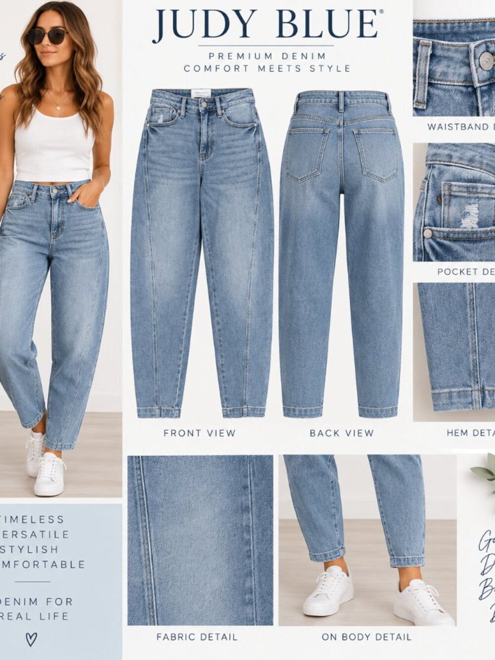 Judy Blue Light Wash High Rise Seam Front Barrel Jeans Casual Trendy Relaxed 15